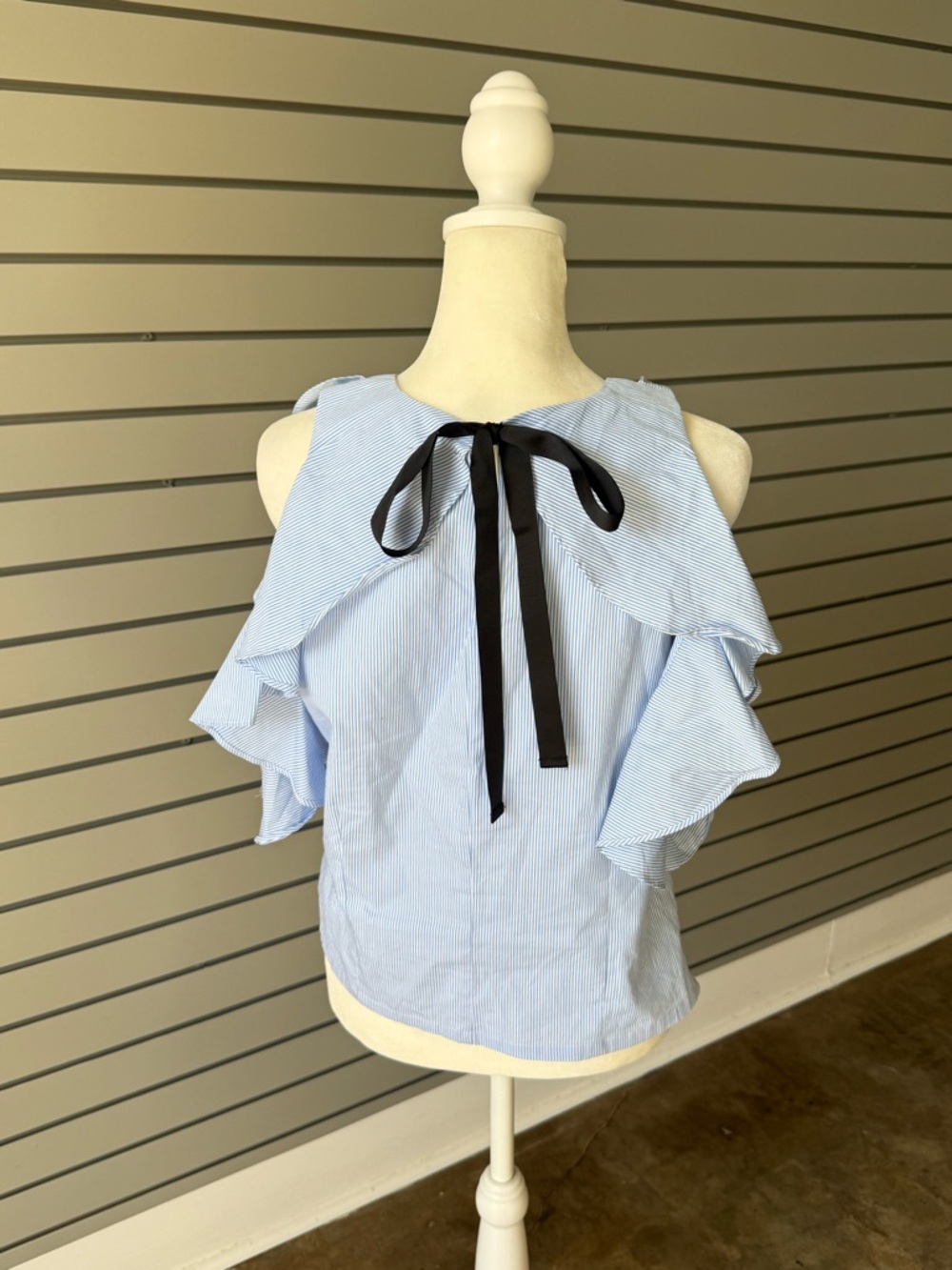 Striped Light Blue Ruffle Tie-Neck Sleeveless Top